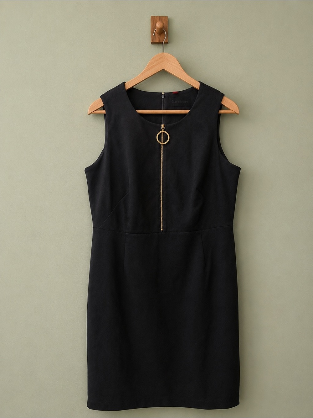 Calvin Klein Black Sleeveless Sheath Dress with Gold Ring Zip